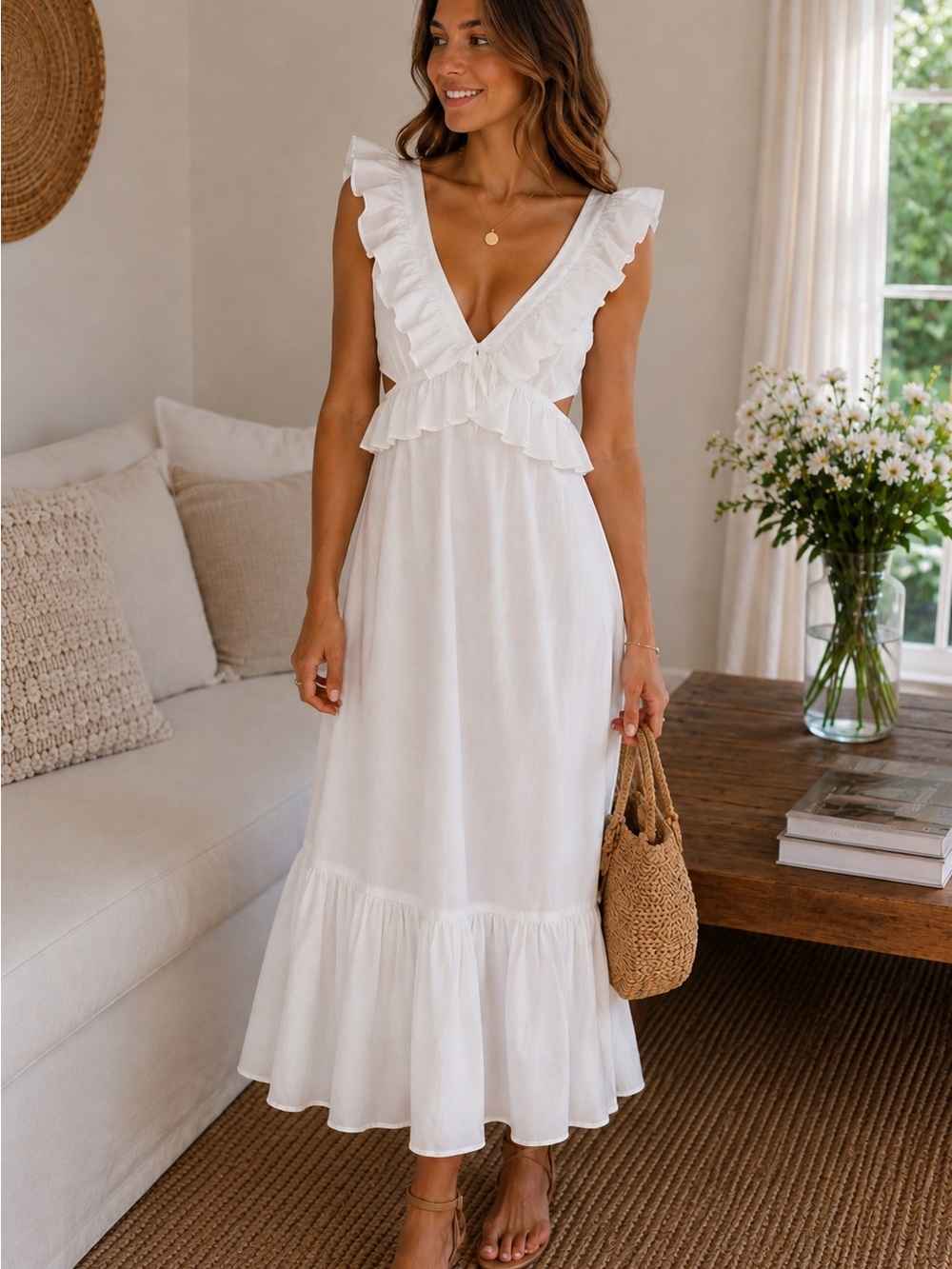 SIR. White Silk Cotton Ruffle Maxi Dress XXS.